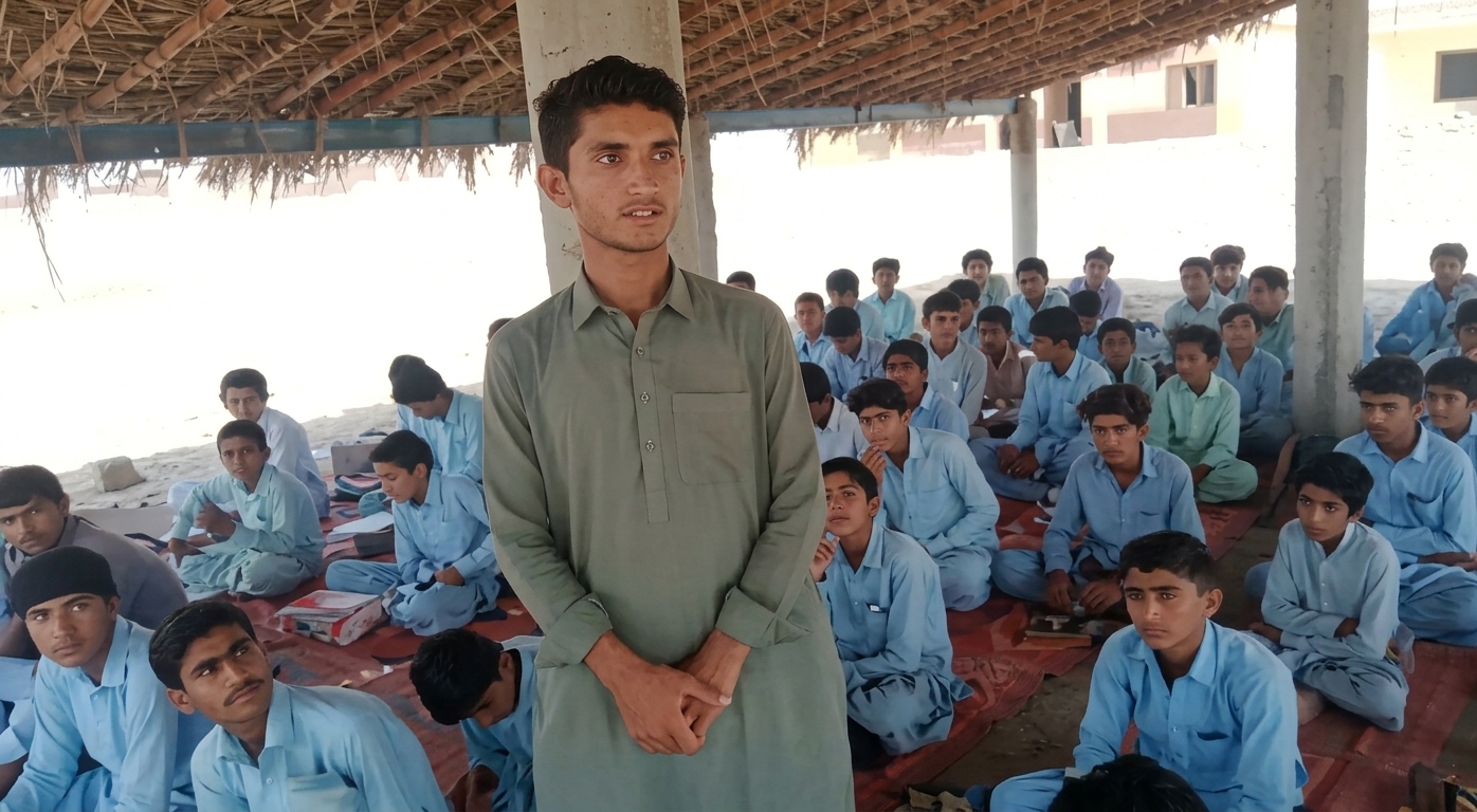 Students seated under shade shelter